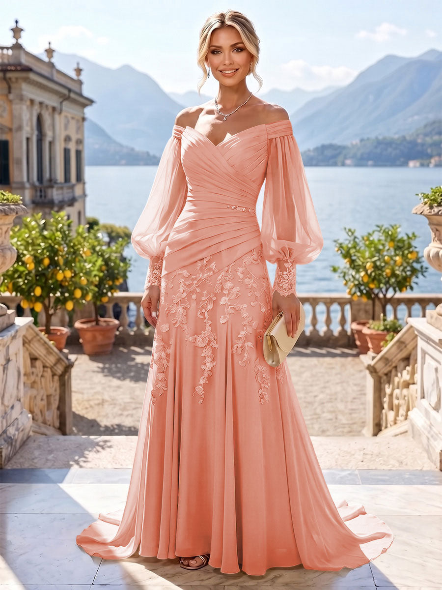 A-Line/Princess Off Shoulder Chiffon Floor-Length Mother of the Bride & Groom Dresses with Lace Appliques & Pleats (SHI22501566)
