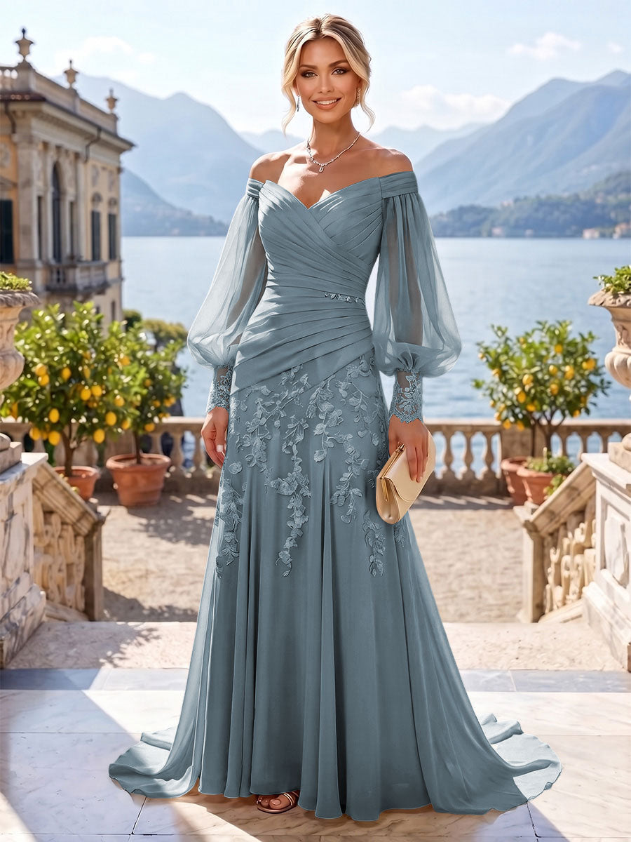 A-Line/Princess Off Shoulder Chiffon Floor-Length Mother of the Bride & Groom Dresses with Lace Appliques & Pleats (SHI22501566)