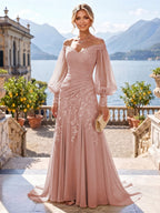 A-Line/Princess Off Shoulder Chiffon Floor-Length Mother of the Bride & Groom Dresses with Lace Appliques & Pleats (SHI22501566)