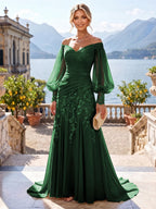 A-Line/Princess Off Shoulder Chiffon Floor-Length Mother of the Bride & Groom Dresses with Lace Appliques & Pleats (SHI22501566)