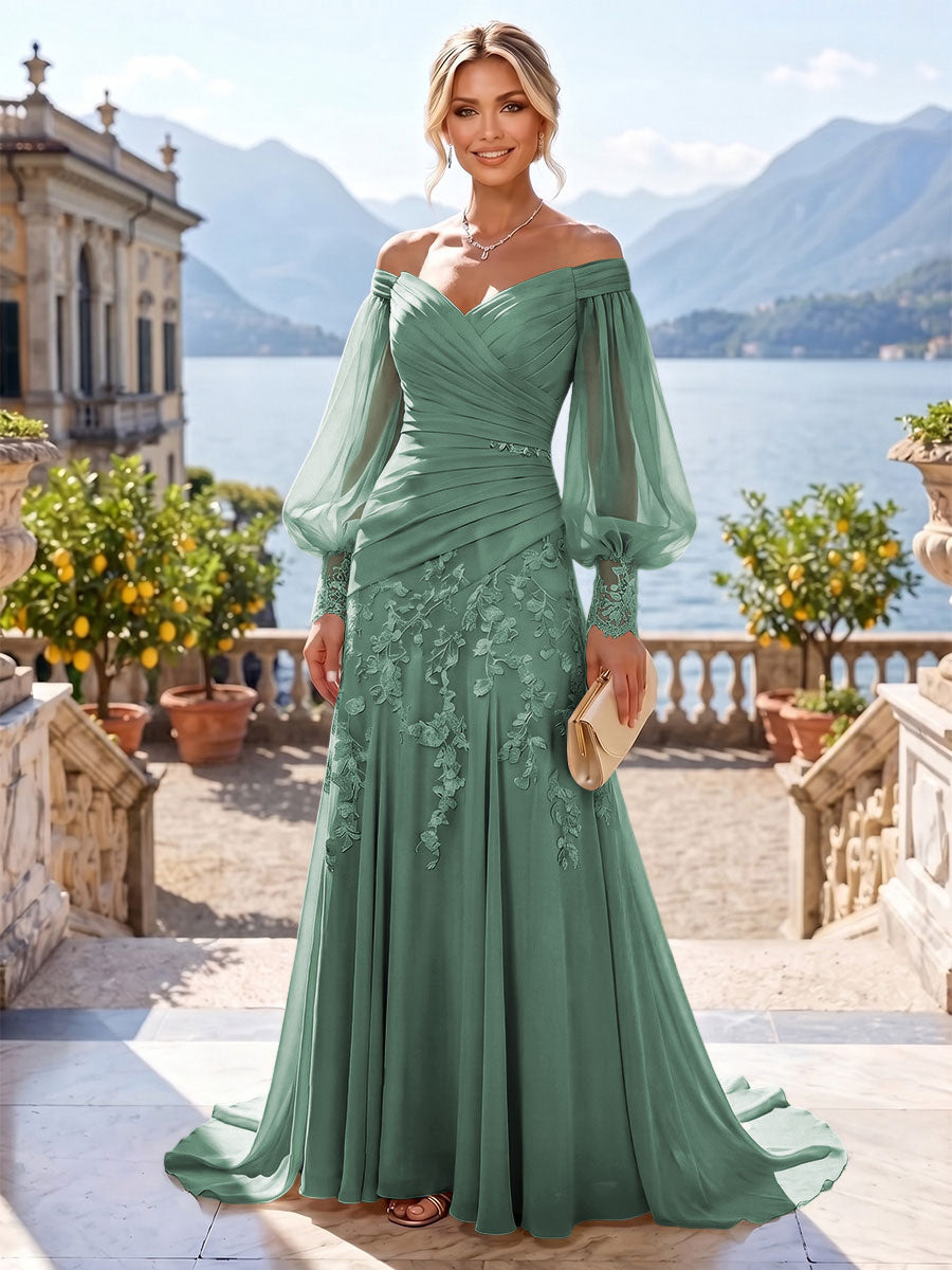 A-Line/Princess Off Shoulder Chiffon Floor-Length Mother of the Bride & Groom Dresses with Lace Appliques & Pleats (SHI22501566)