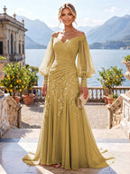 A-Line/Princess Off Shoulder Chiffon Floor-Length Mother of the Bride & Groom Dresses with Lace Appliques & Pleats (SHI22501566)