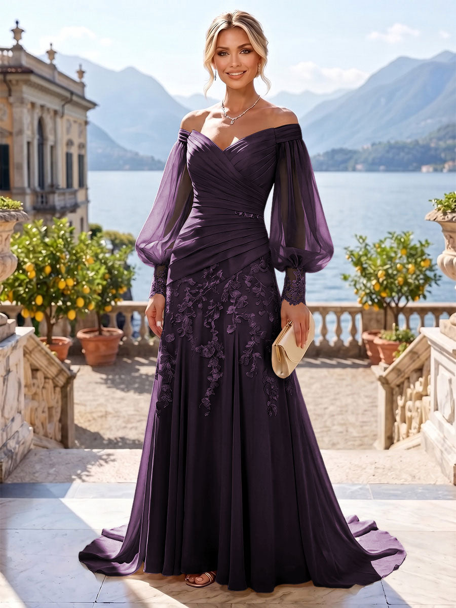 A-Line/Princess Off Shoulder Chiffon Floor-Length Mother of the Bride & Groom Dresses with Lace Appliques & Pleats (SHI22501566)