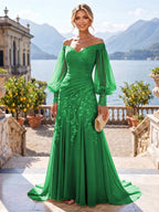 A-Line/Princess Off Shoulder Chiffon Floor-Length Mother of the Bride & Groom Dresses with Lace Appliques & Pleats (SHI22501566)
