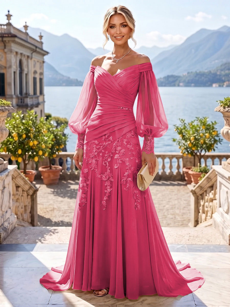 A-Line/Princess Off Shoulder Chiffon Floor-Length Mother of the Bride & Groom Dresses with Lace Appliques & Pleats (SHI22501566)