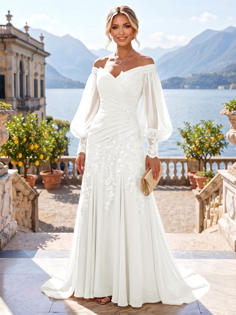 A-Line/Princess Off Shoulder Chiffon Floor-Length Mother of the Bride & Groom Dresses with Lace Appliques & Pleats (SHI22501566)