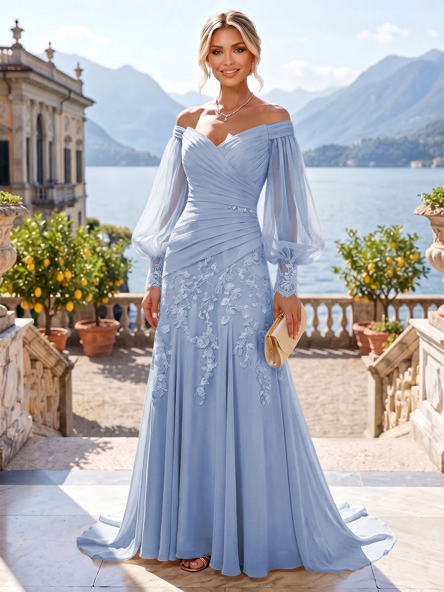 A-Line/Princess Off Shoulder Chiffon Floor-Length Mother of the Bride & Groom Dresses with Lace Appliques & Pleats (SHI22501566)