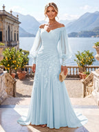 A-Line/Princess Off Shoulder Chiffon Floor-Length Mother of the Bride & Groom Dresses with Lace Appliques & Pleats (SHI22501566)