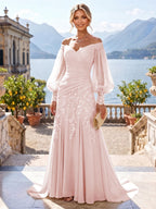 A-Line/Princess Off Shoulder Chiffon Floor-Length Mother of the Bride & Groom Dresses with Lace Appliques & Pleats (SHI22501566)