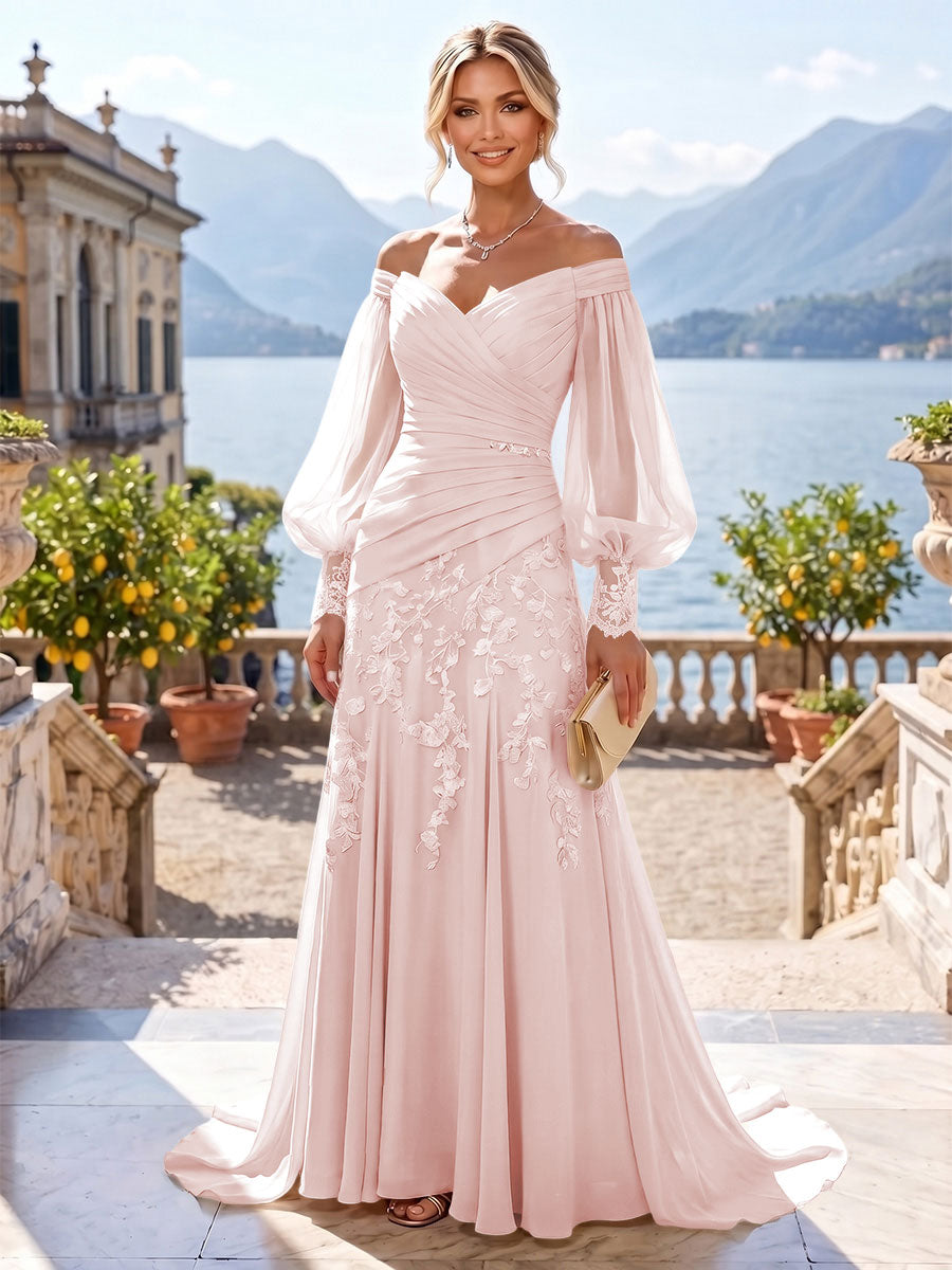 A-Line/Princess Off Shoulder Chiffon Floor-Length Mother of the Bride & Groom Dresses with Lace Appliques & Pleats (SHI22501566)