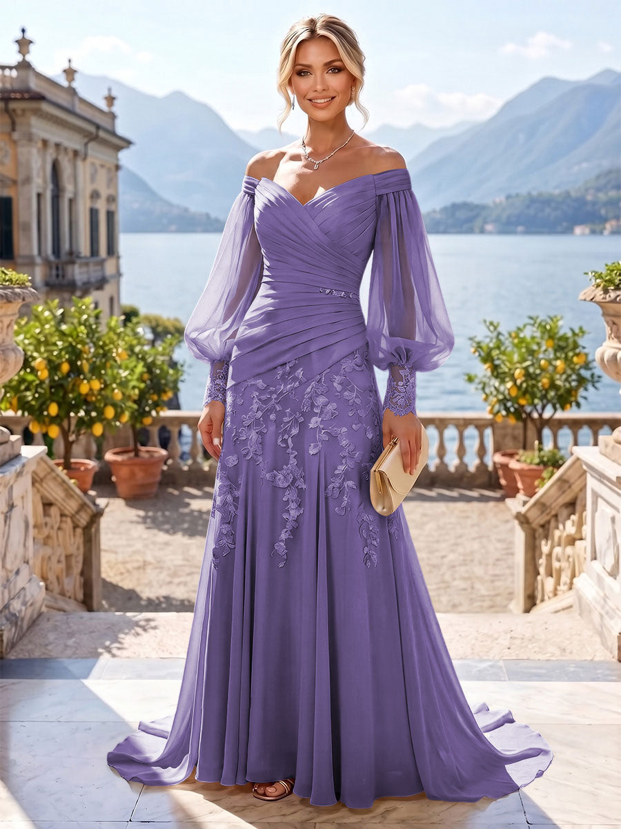A-Line/Princess Off Shoulder Chiffon Floor-Length Mother of the Bride & Groom Dresses with Lace Appliques & Pleats (SHI22501566)