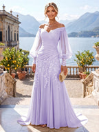 A-Line/Princess Off Shoulder Chiffon Floor-Length Mother of the Bride & Groom Dresses with Lace Appliques & Pleats (SHI22501566)