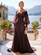 A-Line/Princess Off Shoulder Chiffon Floor-Length Mother of the Bride & Groom Dresses with Lace Appliques & Pleats (SHI22501566)
