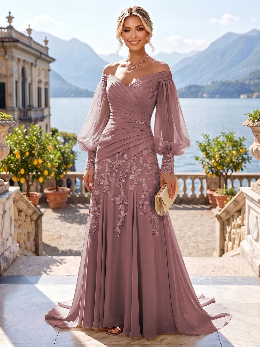 A-Line/Princess Off Shoulder Chiffon Floor-Length Mother of the Bride & Groom Dresses with Lace Appliques & Pleats (SHI22501566)