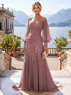 A-Line/Princess Off Shoulder Chiffon Floor-Length Mother of the Bride & Groom Dresses with Lace Appliques & Pleats (SHI22501566)