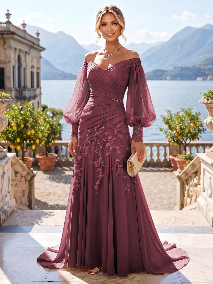 A-Line/Princess Off Shoulder Chiffon Floor-Length Mother of the Bride & Groom Dresses with Lace Appliques & Pleats (SHI22501566)