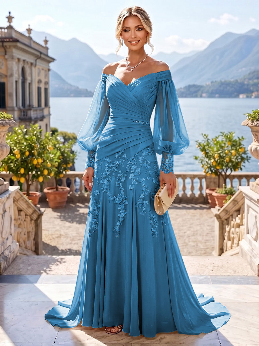 A-Line/Princess Off Shoulder Chiffon Floor-Length Mother of the Bride & Groom Dresses with Lace Appliques & Pleats (SHI22501566)