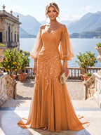 A-Line/Princess Off Shoulder Chiffon Floor-Length Mother of the Bride & Groom Dresses with Lace Appliques & Pleats (SHI22501566)