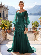 A-Line/Princess Off Shoulder Chiffon Floor-Length Mother of the Bride & Groom Dresses with Lace Appliques & Pleats (SHI22501566)