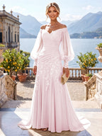 A-Line/Princess Off Shoulder Chiffon Floor-Length Mother of the Bride & Groom Dresses with Lace Appliques & Pleats (SHI22501566)