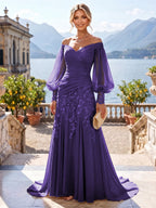 A-Line/Princess Off Shoulder Chiffon Floor-Length Mother of the Bride & Groom Dresses with Lace Appliques & Pleats (SHI22501566)
