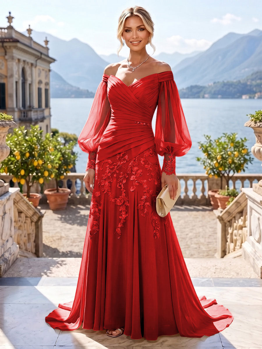 A-Line/Princess Off Shoulder Chiffon Floor-Length Mother of the Bride & Groom Dresses with Lace Appliques & Pleats (SHI22501566)