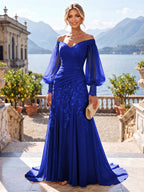 A-Line/Princess Off Shoulder Chiffon Floor-Length Mother of the Bride & Groom Dresses with Lace Appliques & Pleats (SHI22501566)