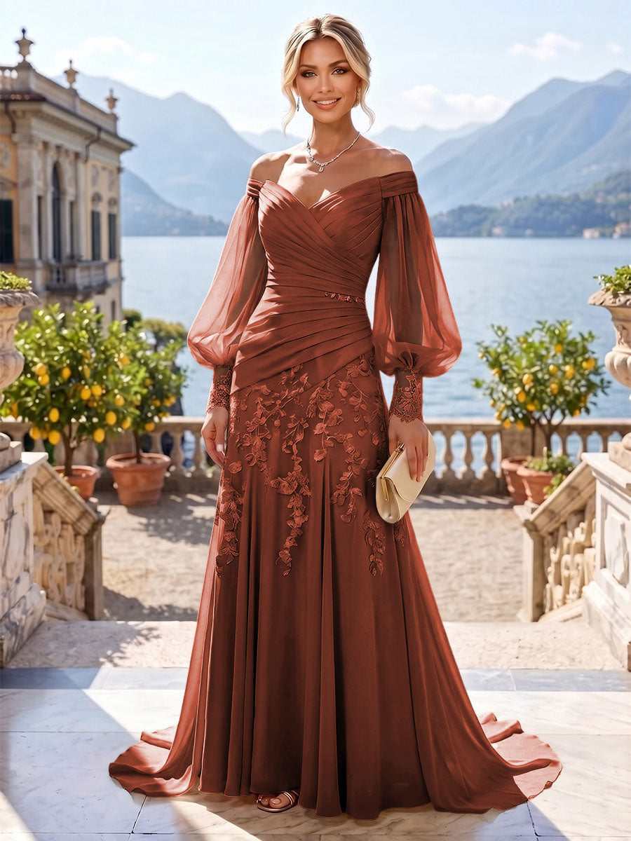 A-Line/Princess Off Shoulder Chiffon Floor-Length Mother of the Bride & Groom Dresses with Lace Appliques & Pleats (SHI22501566)