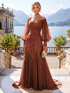 A-Line/Princess Off Shoulder Chiffon Floor-Length Mother of the Bride & Groom Dresses with Lace Appliques & Pleats (SHI22501566)