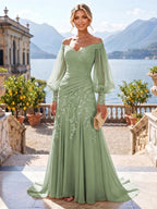 A-Line/Princess Off Shoulder Chiffon Floor-Length Mother of the Bride & Groom Dresses with Lace Appliques & Pleats (SHI22501566)