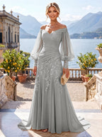 A-Line/Princess Off Shoulder Chiffon Floor-Length Mother of the Bride & Groom Dresses with Lace Appliques & Pleats (SHI22501566)