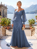 A-Line/Princess Off Shoulder Chiffon Floor-Length Mother of the Bride & Groom Dresses with Lace Appliques & Pleats (SHI22501566)
