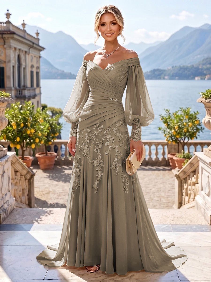 A-Line/Princess Off Shoulder Chiffon Floor-Length Mother of the Bride & Groom Dresses with Lace Appliques & Pleats (SHI22501566)