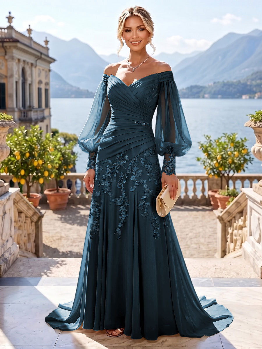 A-Line/Princess Off Shoulder Chiffon Floor-Length Mother of the Bride & Groom Dresses with Lace Appliques & Pleats (SHI22501566)