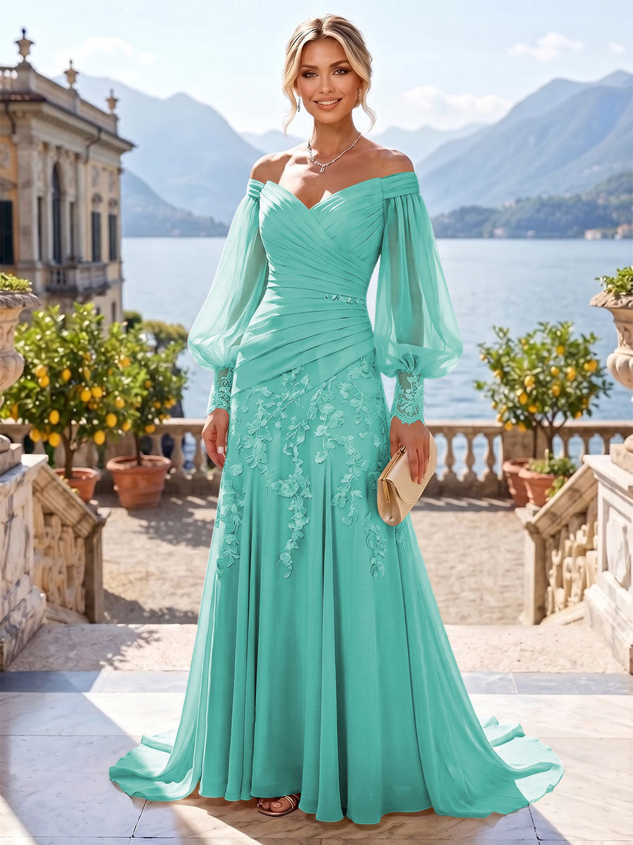 A-Line/Princess Off Shoulder Chiffon Floor-Length Mother of the Bride & Groom Dresses with Lace Appliques & Pleats (SHI22501566)