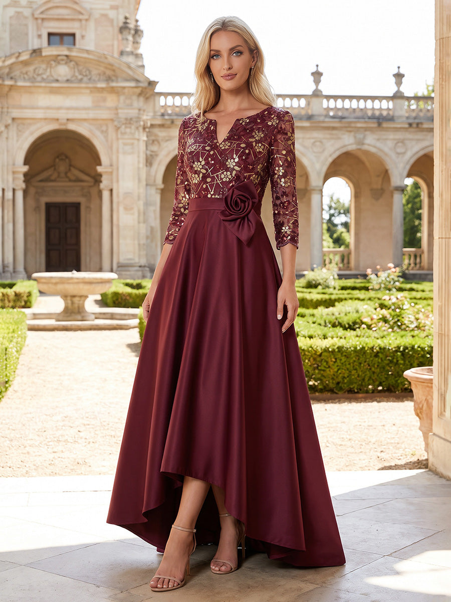 A-Line/Princess V-Neck Satin High-Low Mother of the Bride & Groom Dresses with Lace Appliques Bodice & Pleats (SHI22501574)
