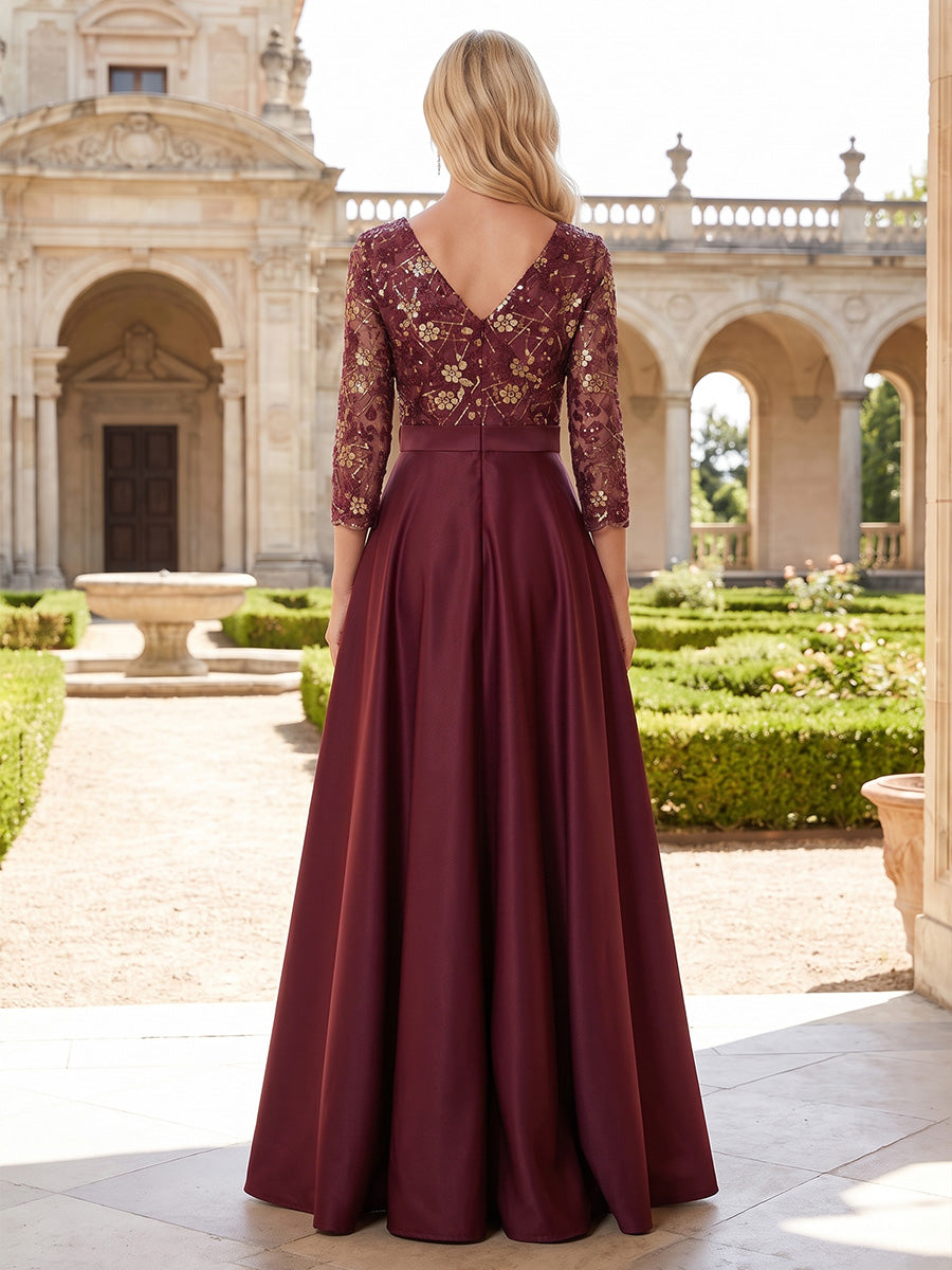 A-Line/Princess V-Neck Satin High-Low Mother of the Bride & Groom Dresses with Lace Appliques Bodice & Pleats (SHI22501574)