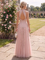 A-Line/Princess Halter Lace Appliques Floor-Length Mother of the Bride & Groom Dresses with Lace Appliques & Pleats (SHI22501575)