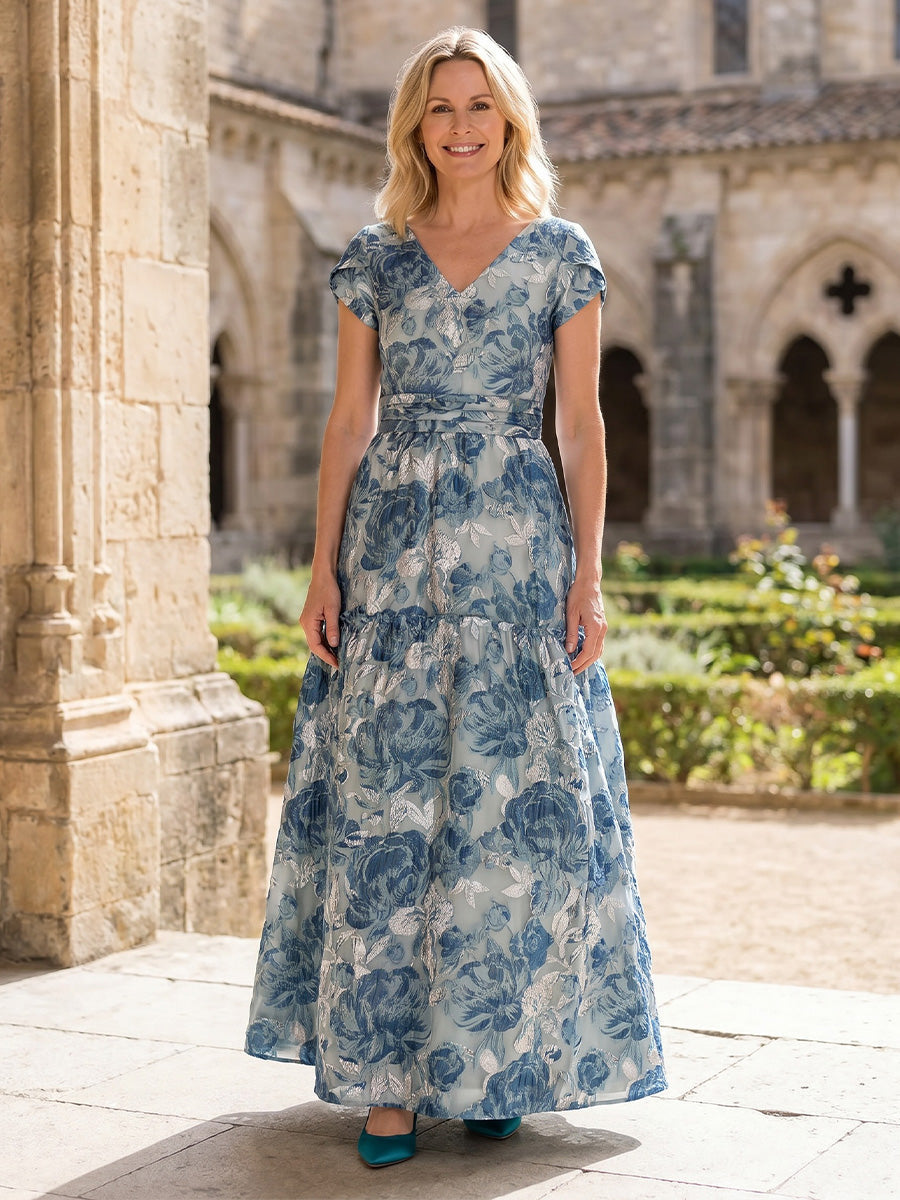 A-Line/Princess V-Neck Jacquard Floor-Length Mother of the Bride & Groom Dresses with Ruched Waist (SHI22501580)