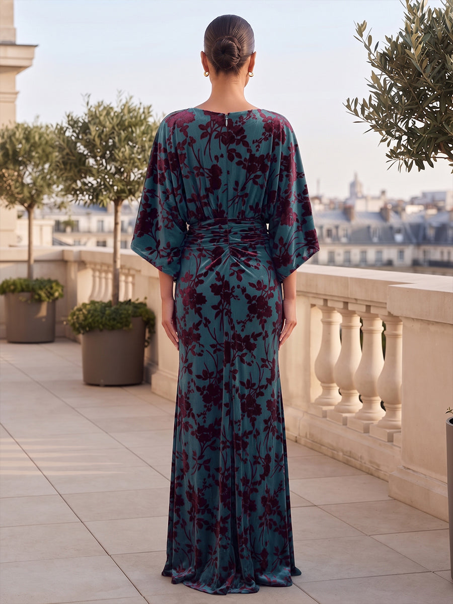 A-Line/Princess V-Neck Chiffon Maxi Mother of the Bride & Groom Dresses with Lace Appliques, Sweep Train, Ruffles, 3D Flowers & Ruched Waist (SHI22501653)