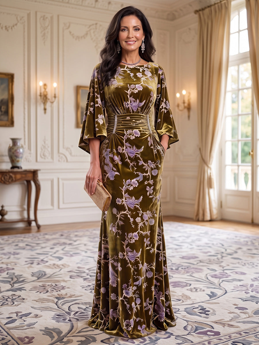 Sheath/Column Scoop Neck Velvet Floor-Length Mother of the Bride & Groom Dresses with Ruched Waist & Pockets (SHI22501602)