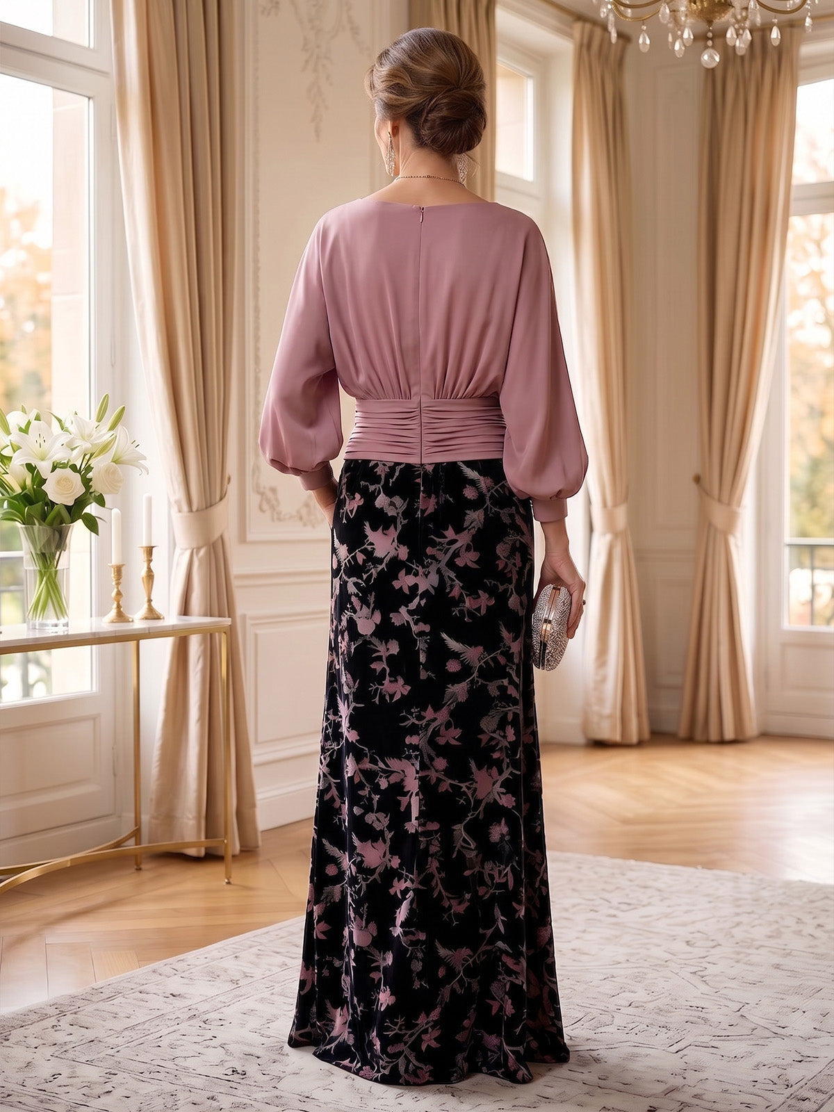Sheath/Column Scoop Neck Velvet Floor-Length Mother of the Bride & Groom Dresses with Ruched Waist & Pockets (SHI22501603)