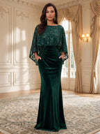 Sheath/Column Scoop Neck Velvet Floor-Length Mother of the Bride & Groom Dresses with Lace Appliques Bodice & Ruched Waist (SHI22501604)