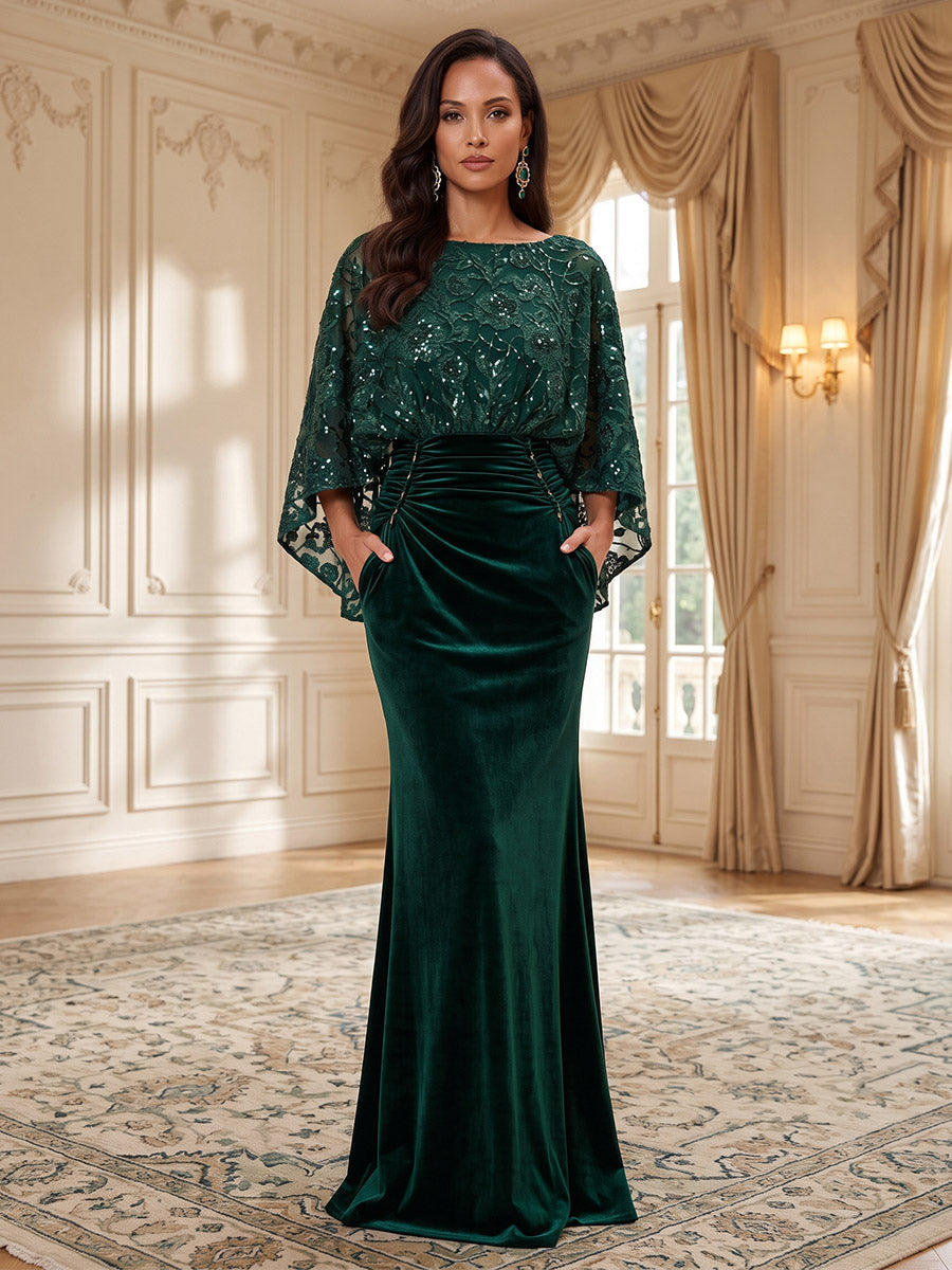 Sheath/Column Scoop Neck Velvet Floor-Length Mother of the Bride & Groom Dresses with Lace Appliques Bodice & Ruched Waist (SHI22501604)