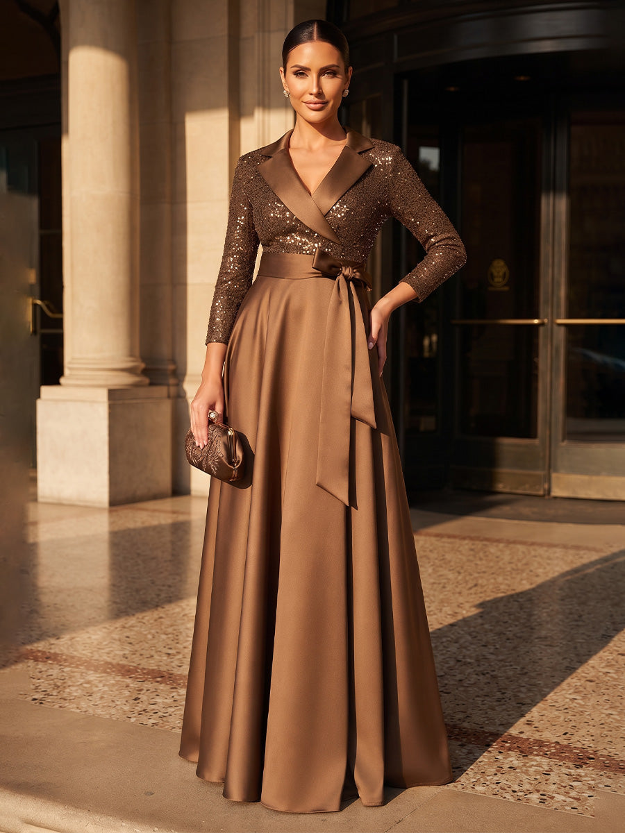 A-Line/Princess V-Neck Satin Floor-Length Mother of the Bride & Groom Dresses with Sequin, Belt & Pleats (SHI22501606)