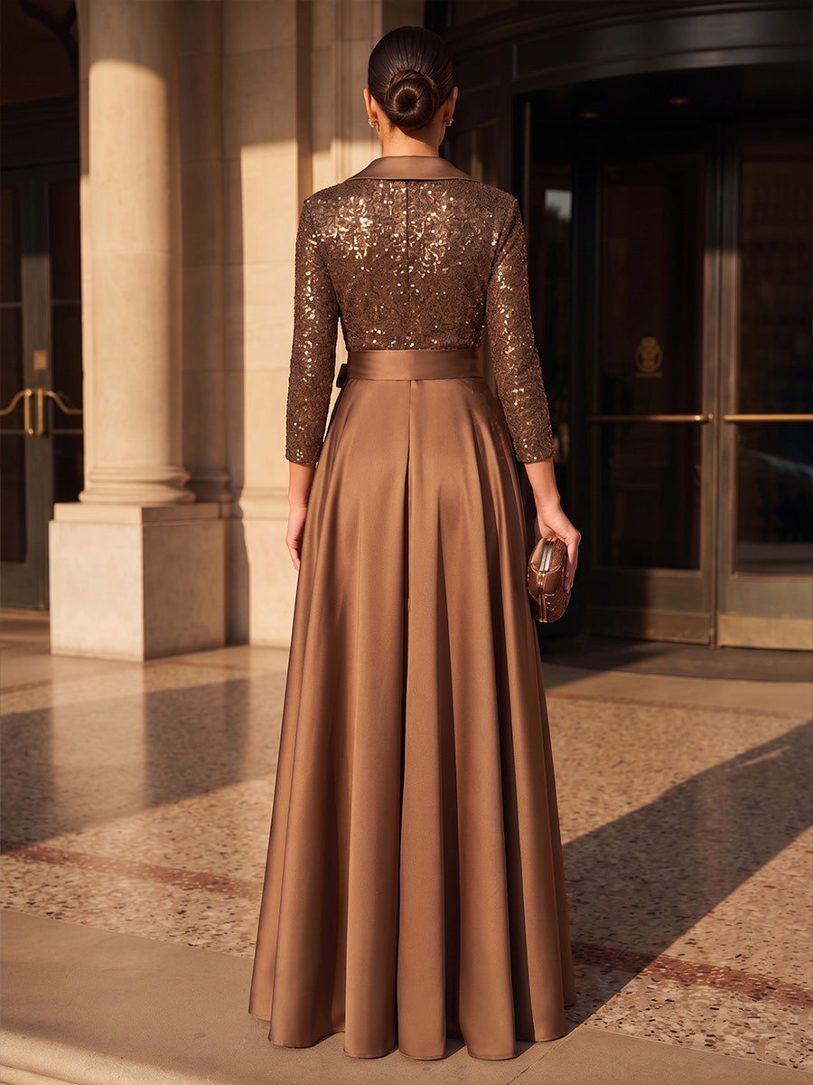 A-Line/Princess V-Neck Satin Floor-Length Mother of the Bride & Groom Dresses with Sequin, Belt & Pleats (SHI22501606)