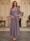 A-Line/Princess V-Neck Chiffon Floor-Length Mother of the Bride & Groom Dresses with Bolero Jacket, Sequin, Pleats & Lace Appliques (SHI22501607)
