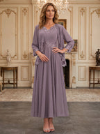 A-Line/Princess V-Neck Chiffon Floor-Length Mother of the Bride & Groom Dresses with Bolero Jacket, Sequin, Pleats & Lace Appliques (SHI22501607)