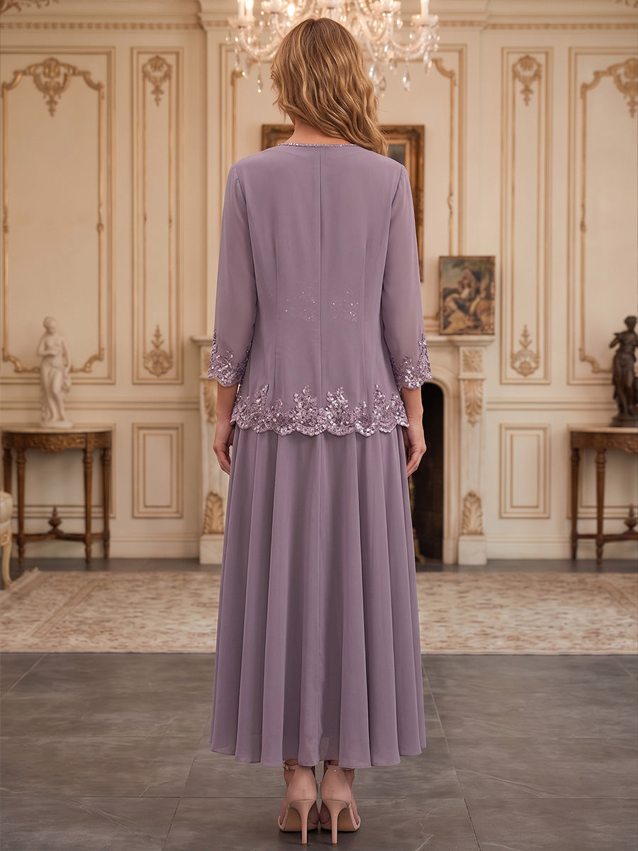 A-Line/Princess V-Neck Chiffon Floor-Length Mother of the Bride & Groom Dresses with Bolero Jacket, Sequin, Pleats & Lace Appliques (SHI22501607)