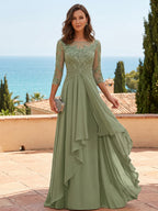 A-Line/Princess Scoop Neck Chiffon Floor-Length Mother of the Bride & Groom Dresses with Lace Appliques & Pleats (SHI22501611)
